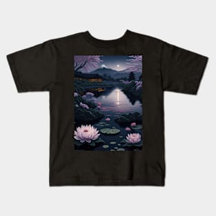 Serene Mount Fuji Sunset - Peaceful River Scenery - Lotus Flowers Kids T-Shirt